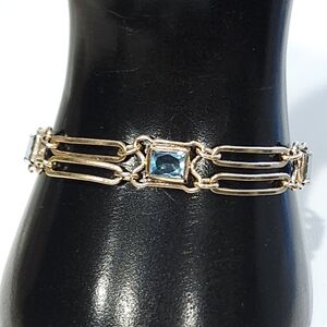 Sturdy 12K Gold Filled Blue Glass Faux Topaz Art Deco Vintage Bracelet 40s 50s